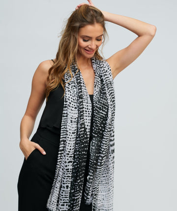 Black and White Monochrome Print Scarf with Raw Edging