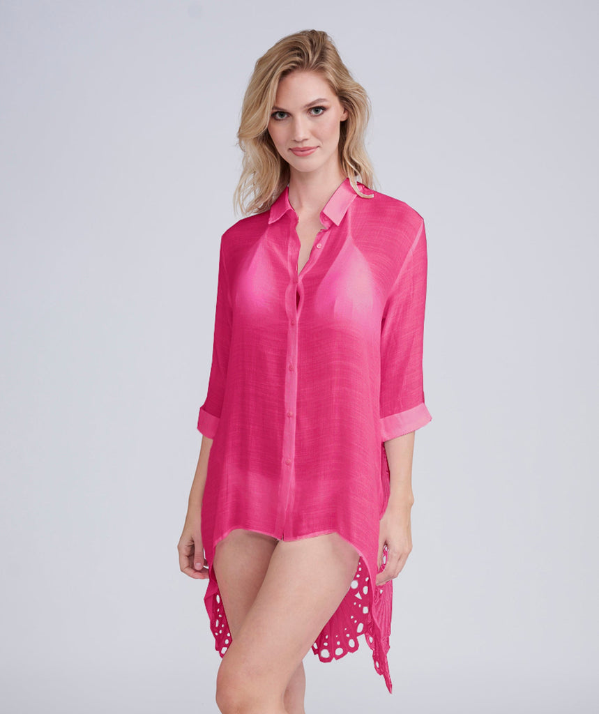 Hot Pink Lace Cut Out Cover Up with Buttoned Front