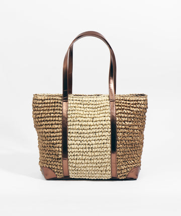 Gold Metallic Leather Detail Straw Tote with Zipped Closure