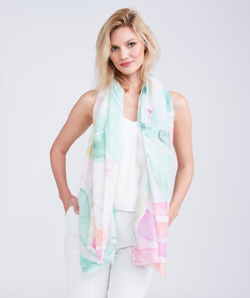 Multicoloured Leaf Print Oblong Scarf with Vibrant Tones