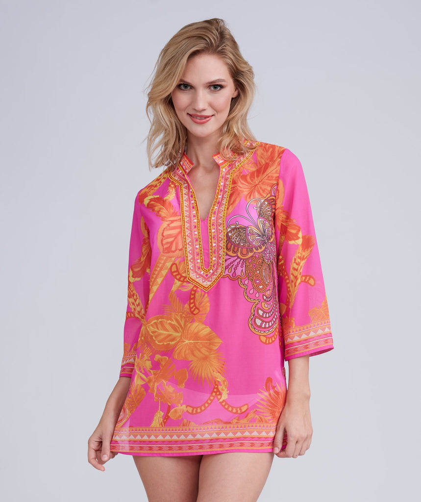 Pink Butterfly Beach Cover Up with Jewelled Neckline