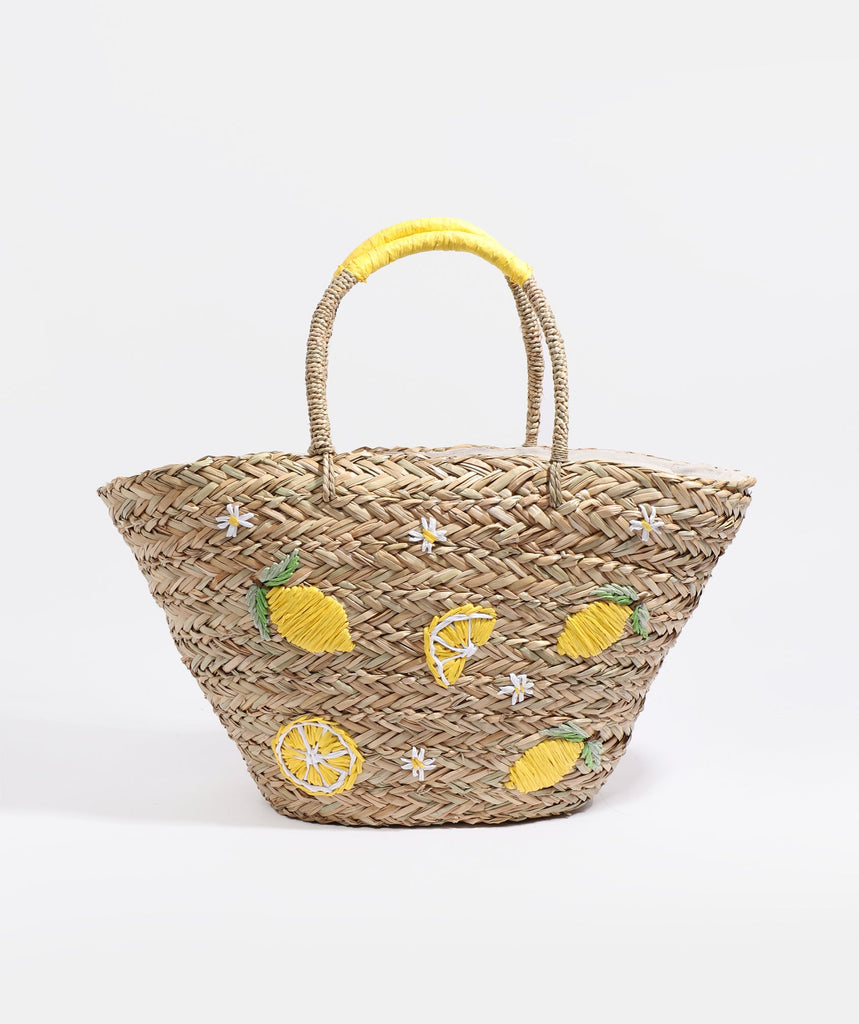 Sand Straw Basket Bag with Lemon Embroidered Motifs