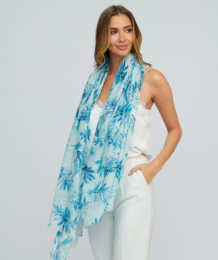 Fern Print Spring Scarf - Blue - Accessories, Blake, Blue, Scarf, Summer Accessories