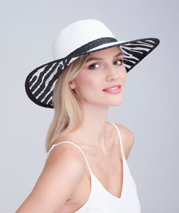 White/Black Wide Brim Hat with Zebra Print Interior