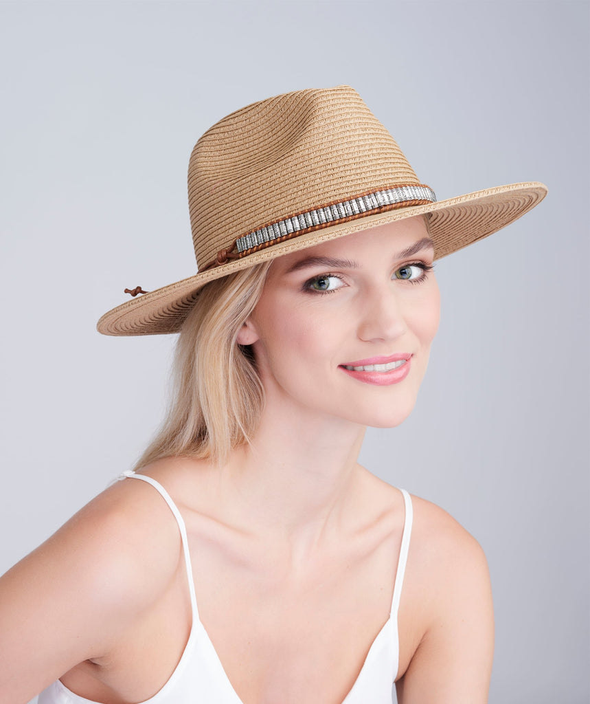 Tan Straw Wide Brim Sun Hat with Embellished Belt