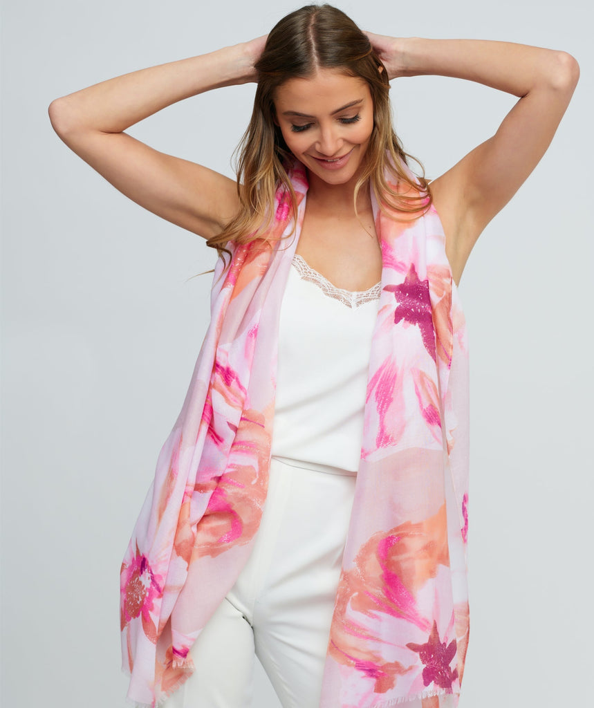 Pink Floral Printed Oblong Scarf with Raw Edging