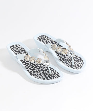 White Wedged Embellished Sandals with Non-Slip Sole and Padded Insole