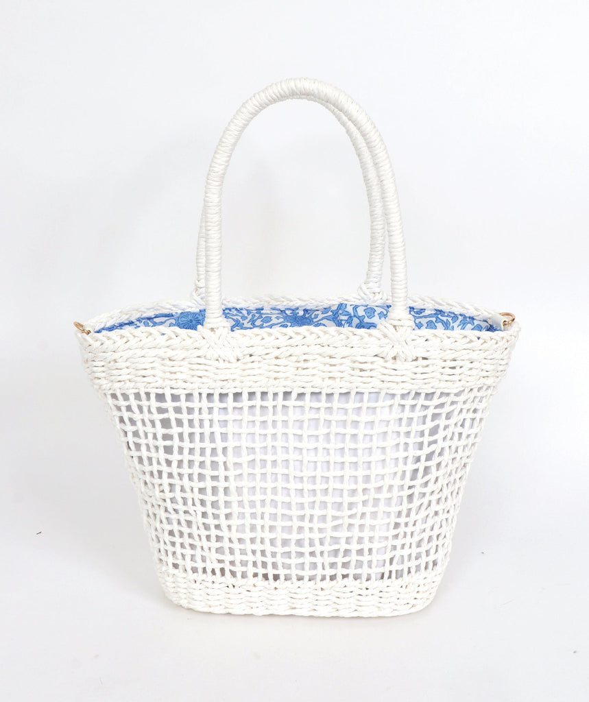 White Open Weave Straw Beach Bag