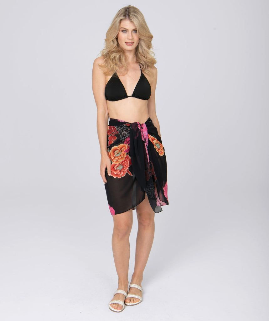 Black Floral Print Sarong with Wrap Around Design