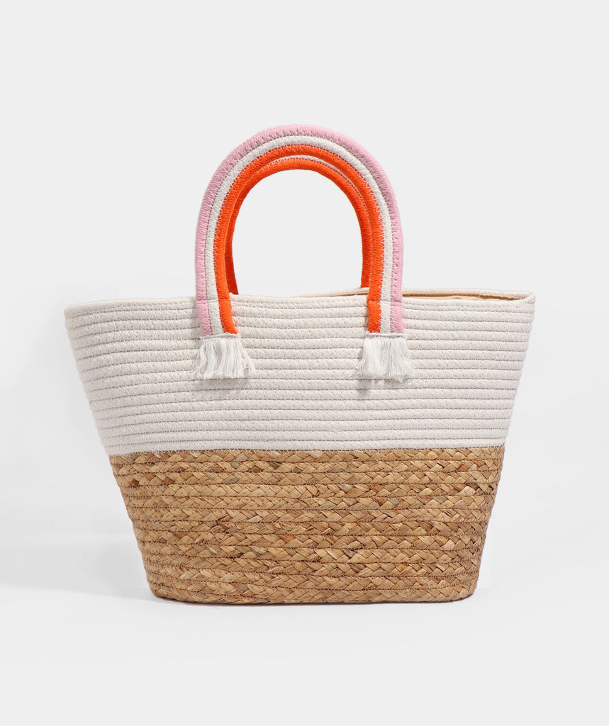 Natural/White Rainbow Handle Tote Bag with Zipped Closure