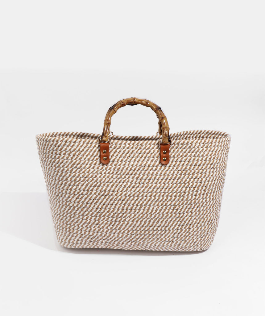 Tan/White Striped Tote Bag with Top Handles