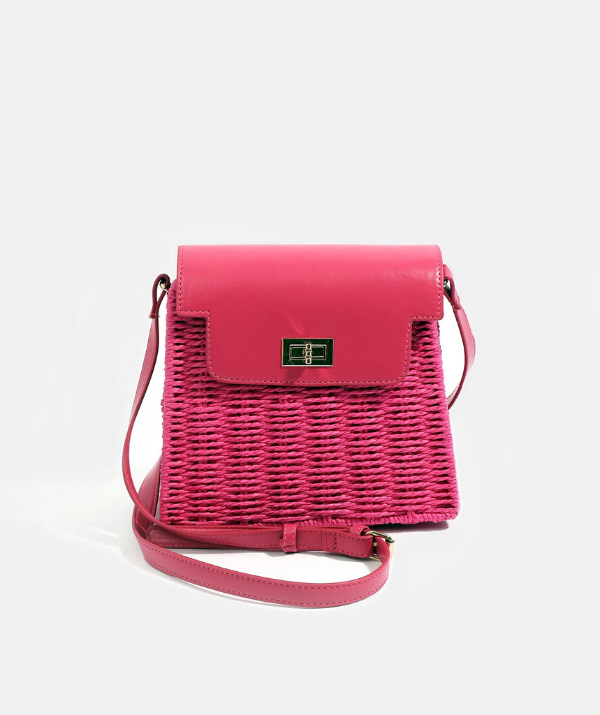 Hot Pink Straw Handbag with Gold Hardware Closure