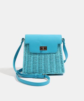 Pale Turquoise Straw Handbag with Tonal PU Details