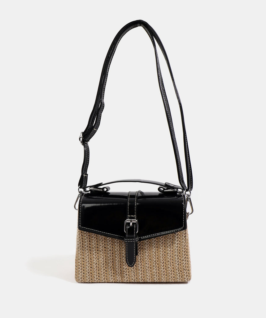 Black Straw Handbag with Metallic PU Details