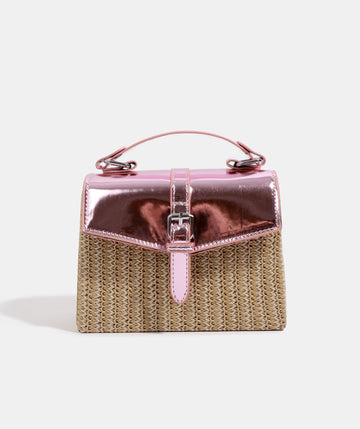 Pink Straw Handbag with Metallic Details and Long Strap