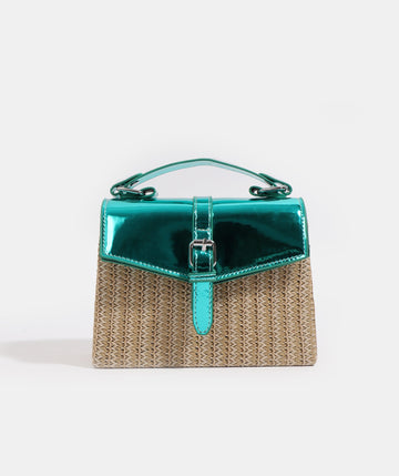 Turquoise Straw Handbag with Metallic PU Details