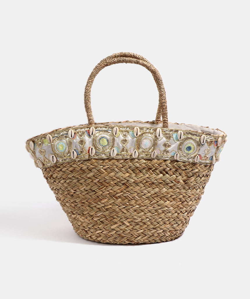 Sand Floral Sequin Embellished Straw Beach Basket