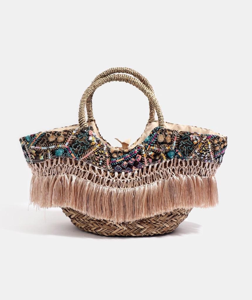 Natural Straw Beach Basket with Sequin Detailing