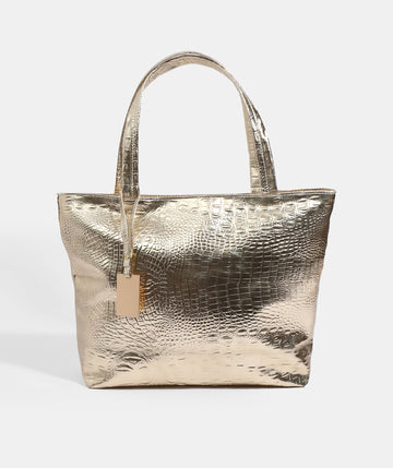 Gold Metallic Tote Bag with Zipped Closure