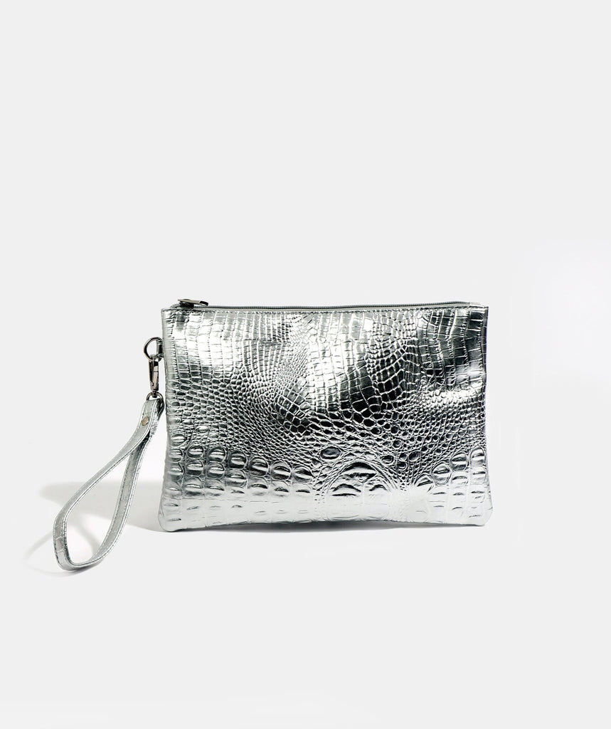 Silver Metallic Clutch with Zipped Closure