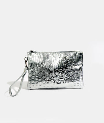 Silver Metallic Clutch with Zipped Closure