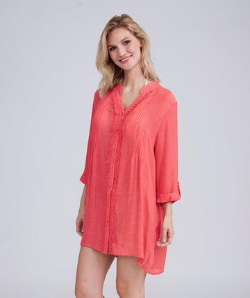 Salmon Pink Fringed Beach Shirt with Button Closure and Rolled Cuff Sleeves