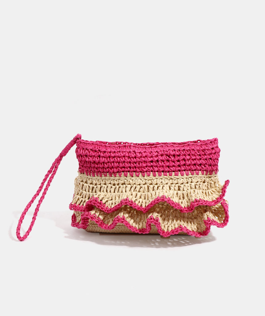 Sand and Hot Pink Woven Straw Clutch Bag