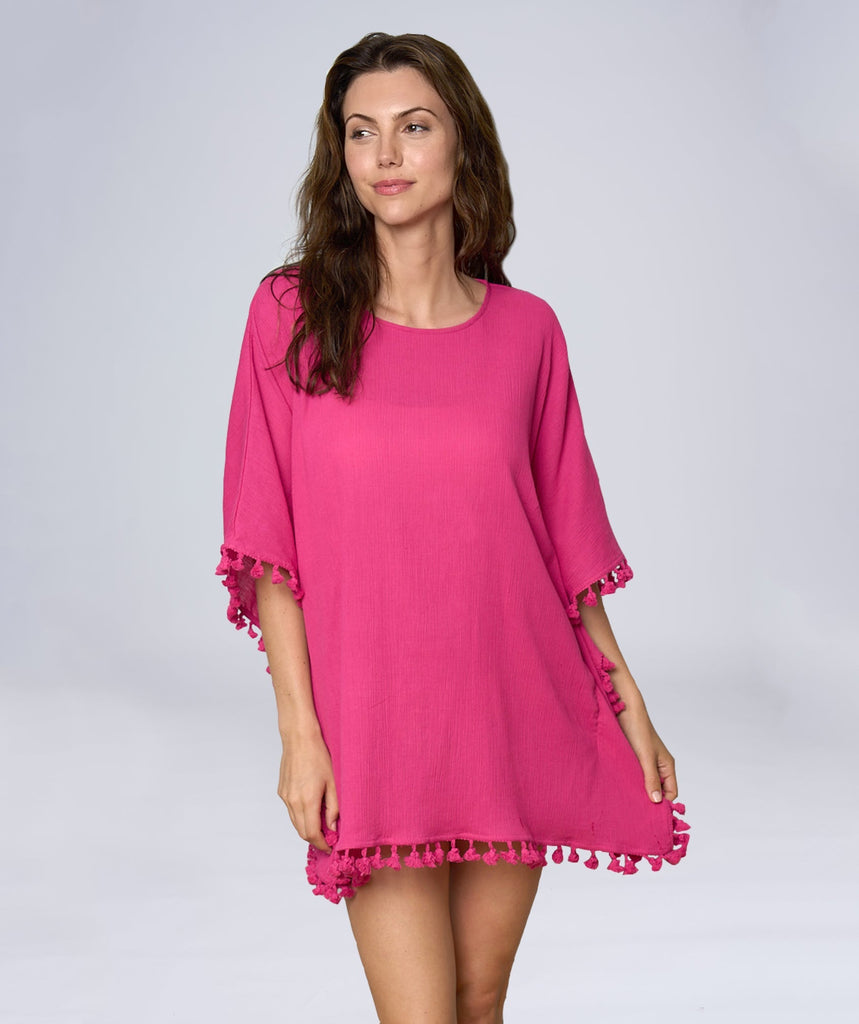 Hot Pink Cotton Poncho Style Beach Coverup with Fringes.