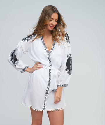White Cotton Tunic Dress with Black Embroidery and Tassel Detail