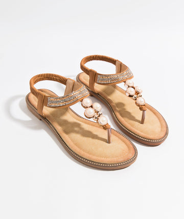 Women`s Embellished Toe Post Sandals - Tan