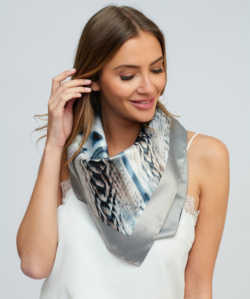 Silky Silver Grey Scarf with Mixed Animal Print