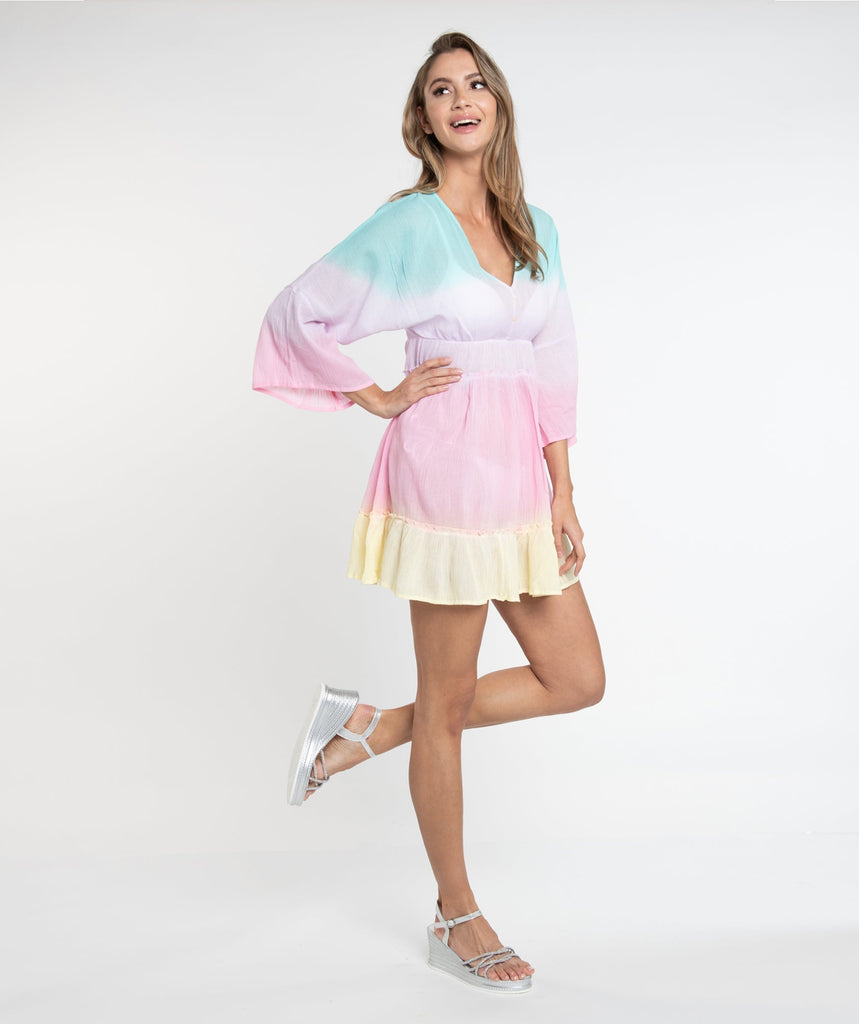 Pastel Rainbow Ombre Dress with Bell Sleeves