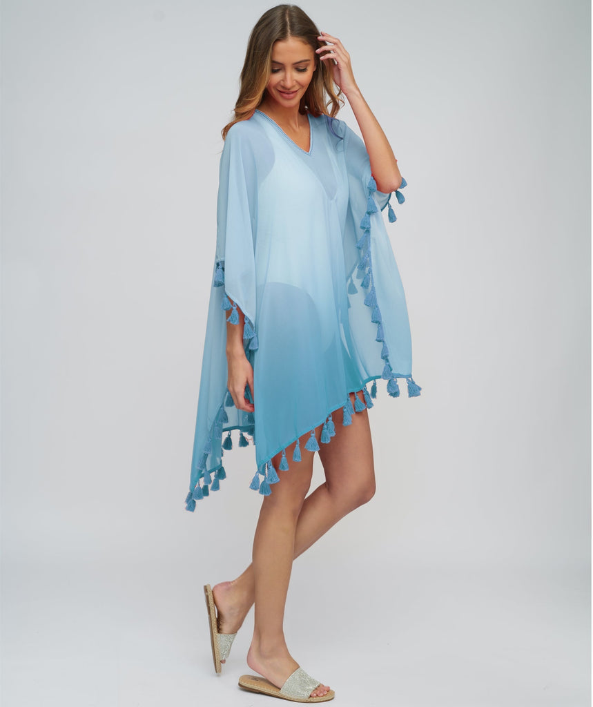 Turquoise Sheer OmbrÃƒÂ© Cover-Up with Tassel Trim