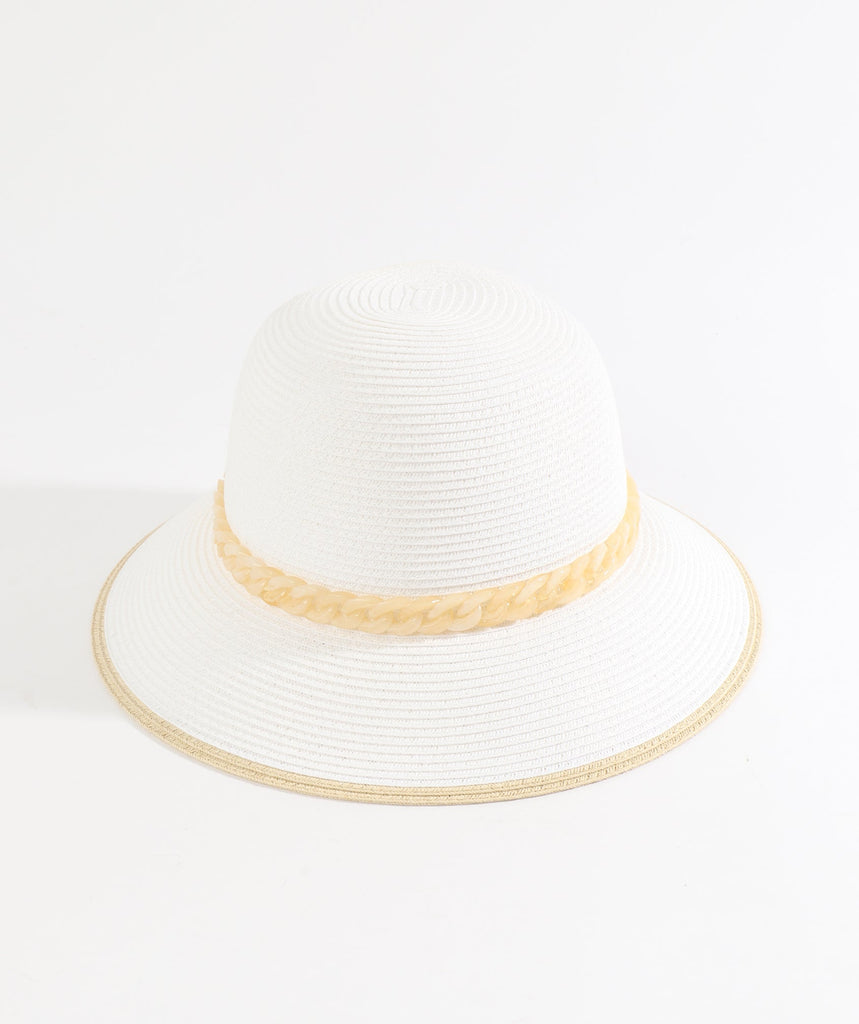 White/Natural Paper Straw Bucket Hat with Chain Belt Embellishment