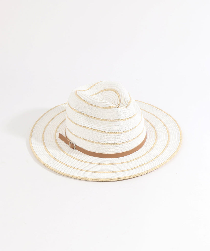 White/Natural Striped Straw Fedora Hat with UPF 50 Sun Protection