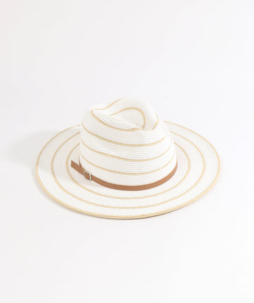 White/Natural Striped Straw Fedora Hat with UPF 50 Sun Protection