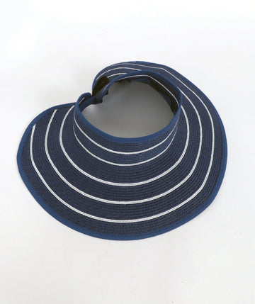 Navy and White Wide Brim Woven Straw Visor with Adjustable Velcro