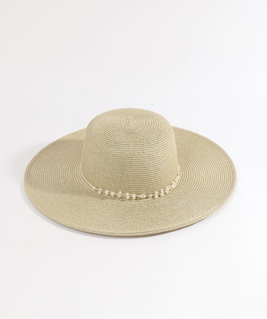 Gold Shimmering Straw Hat with Bead and Pearl Embellishments