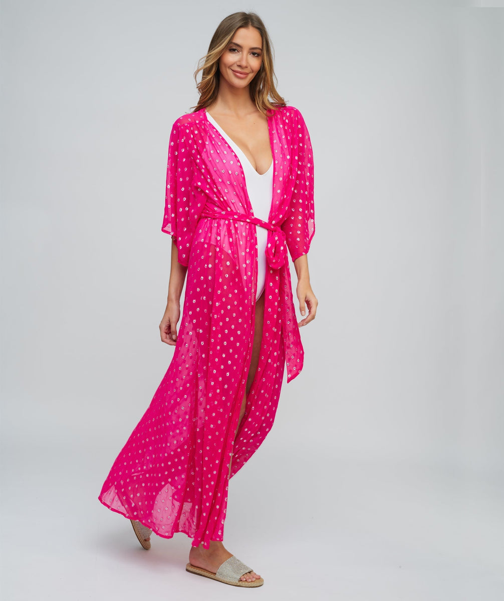 Silver Spotted Fuchsia Maxi Beach Kimono | Pink Cover Ups – Pia Beach