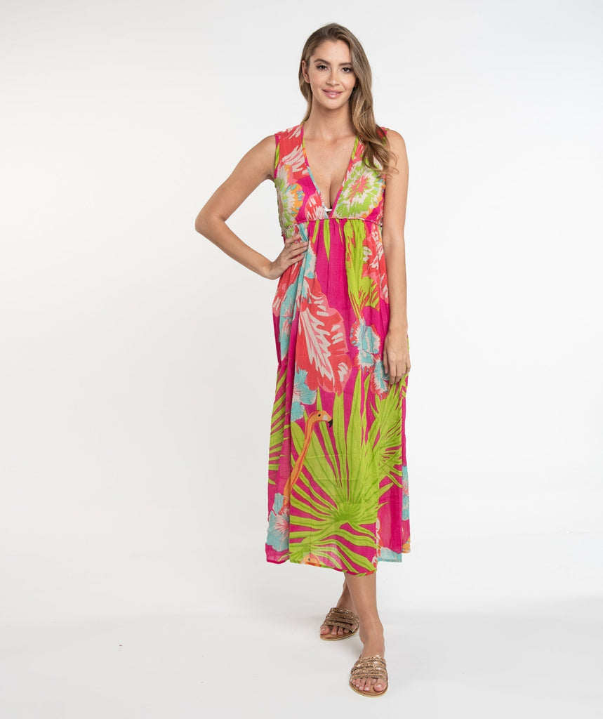 Fuchsia Tropical Toucan Print Maxi Dress with Adjustable Drawstring Straps