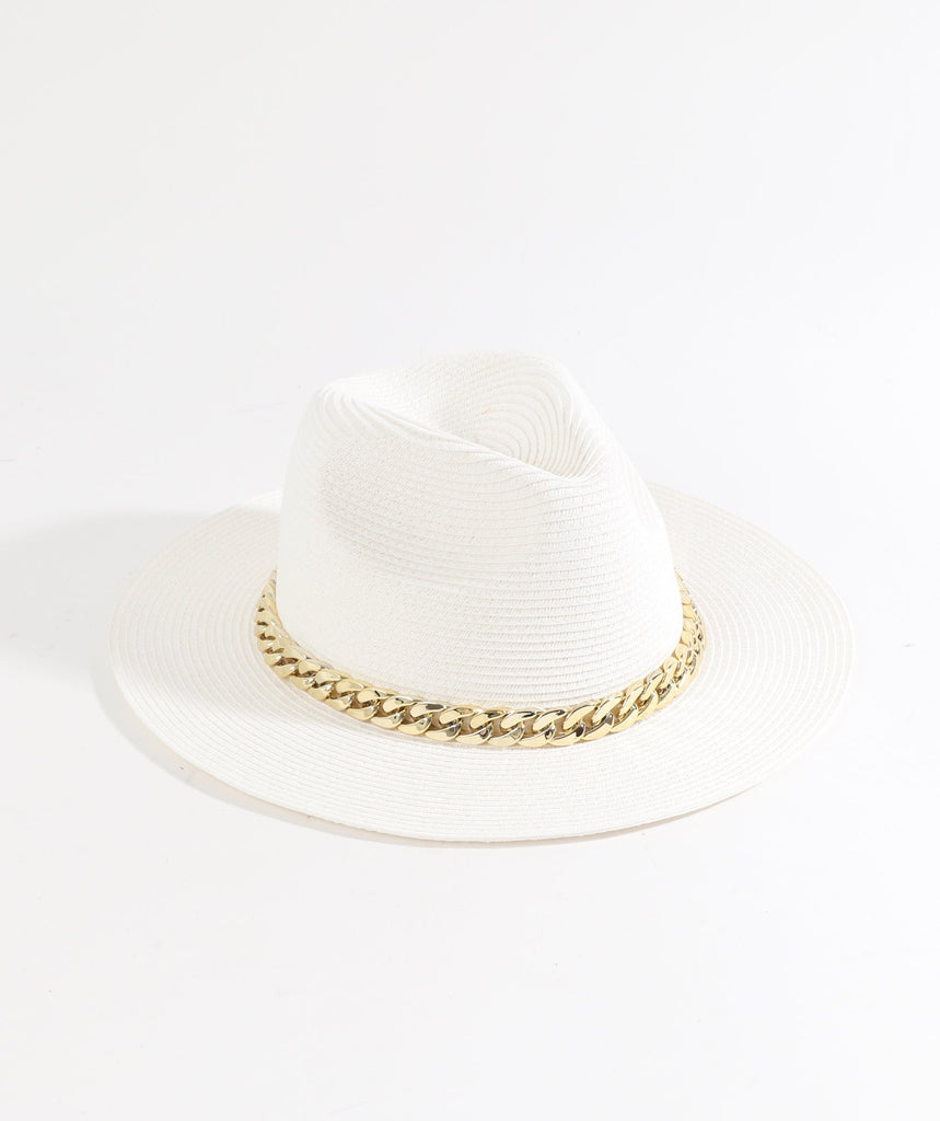 White Paper Straw Fedora with Gold Metal Chain Embellishment