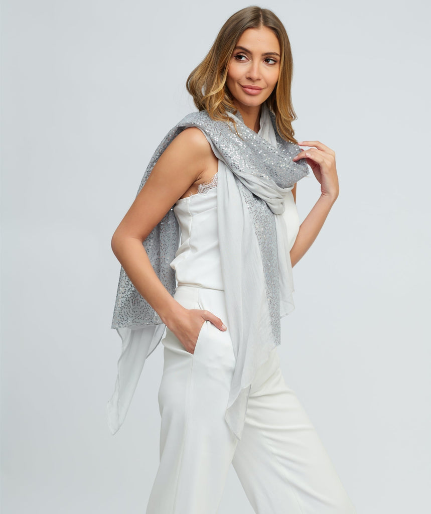 Silver Oversized Embellished Scarf with Lightweight Fabric