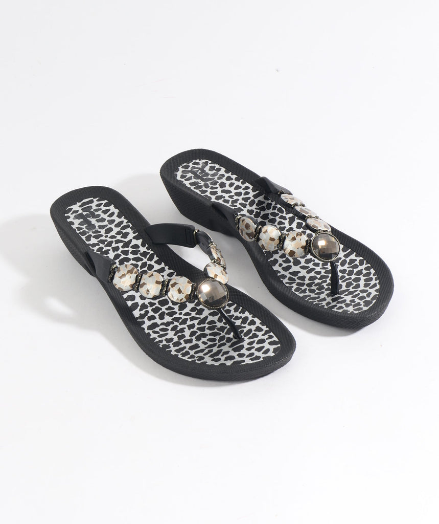 Women`s Wedge Heel Embellished Sandals - Black