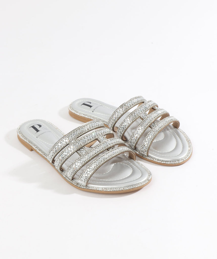 Silver Embellished Slip-On Sandals with Open Toe