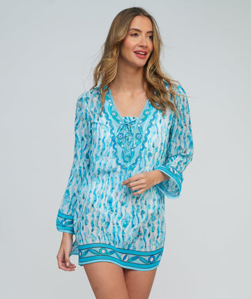 Blue Oceanic Print Tunic with Embellished Neckline and Wide Sleeves