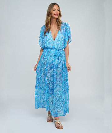 Blue Paisley Printed Chiffon Maxi Dress with Deep-V Neckline