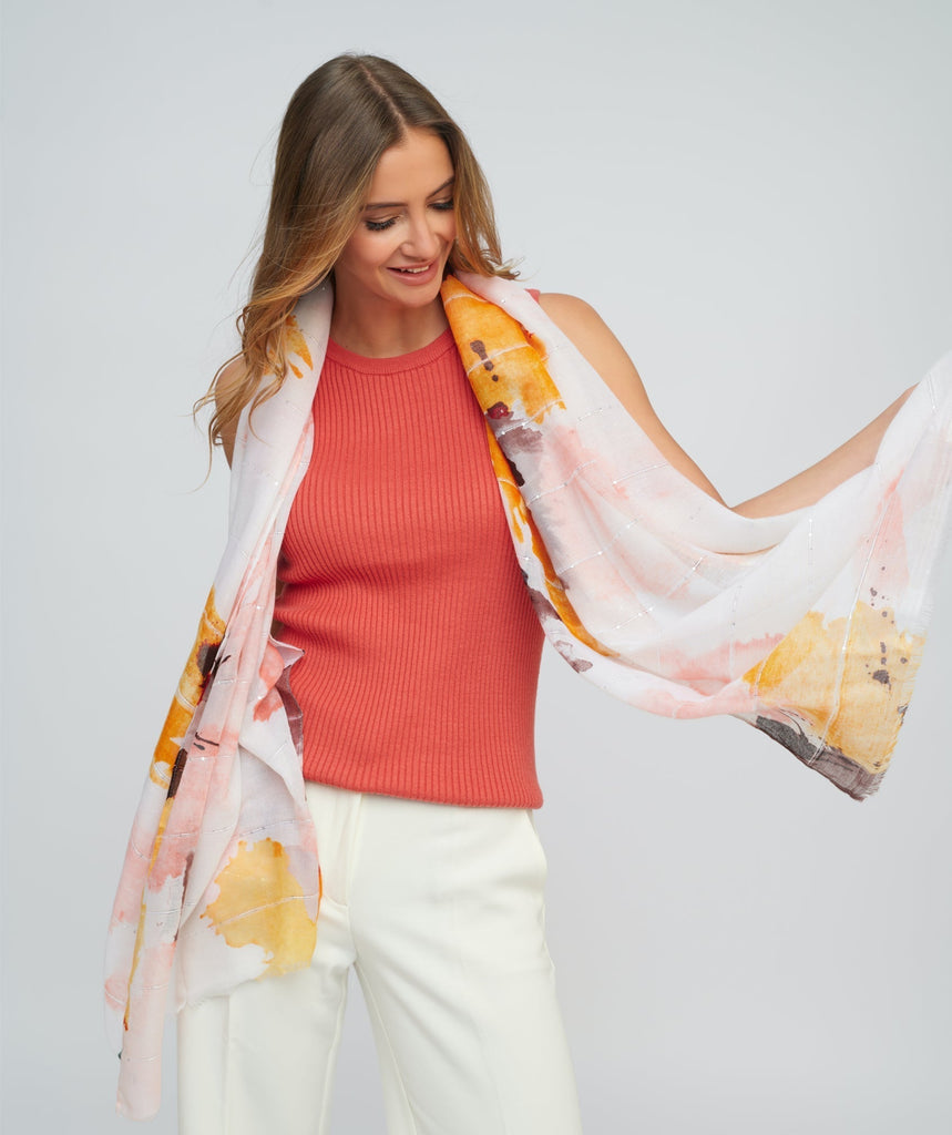 Blush Floral Print Oblong Scarf with Metallic Finish