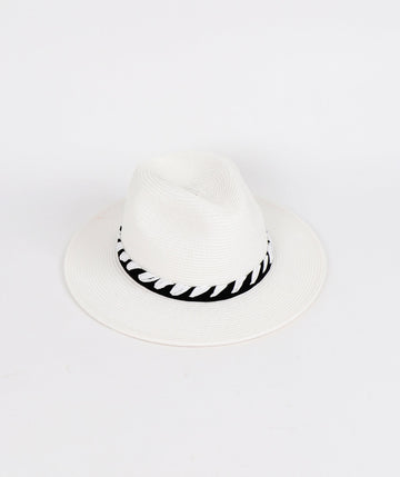 White with Black Stripe Straw Fedora Hat