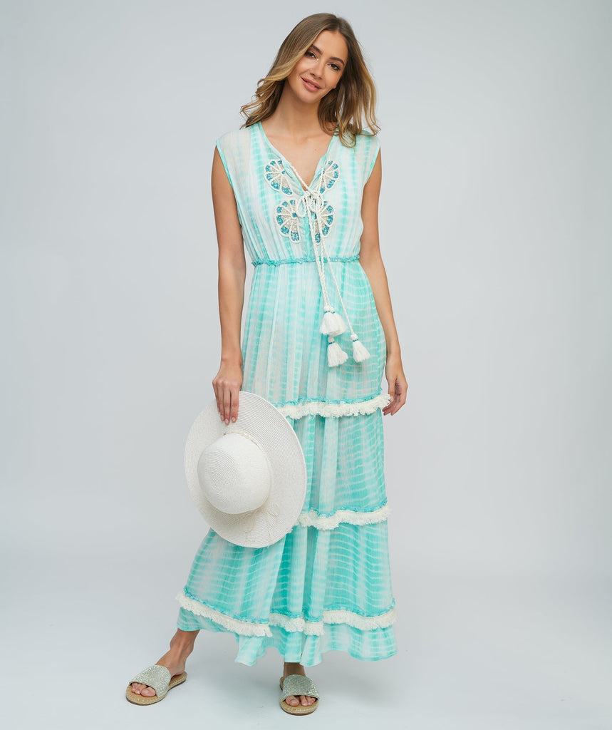 Aqua Maxi Dress with Triple Flounce Skirt and Fringe Detail