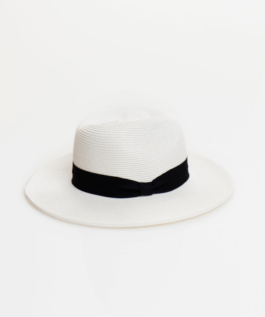 Classic White Straw Fedora Hat with Black Ribbon Trim